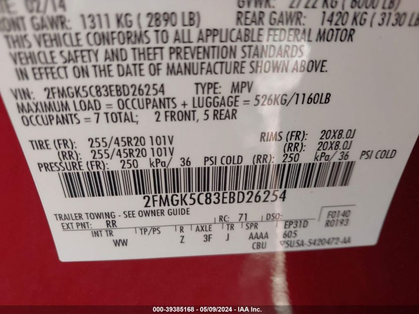 2014 Ford Flex Sel VIN: 2FMGK5C83EBD26254 Lot: 39385168