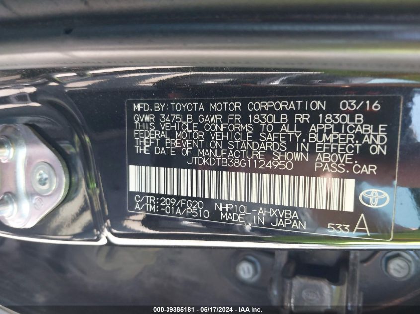 2016 Toyota Prius C Two VIN: JTDKDTB38G1124950 Lot: 39385181