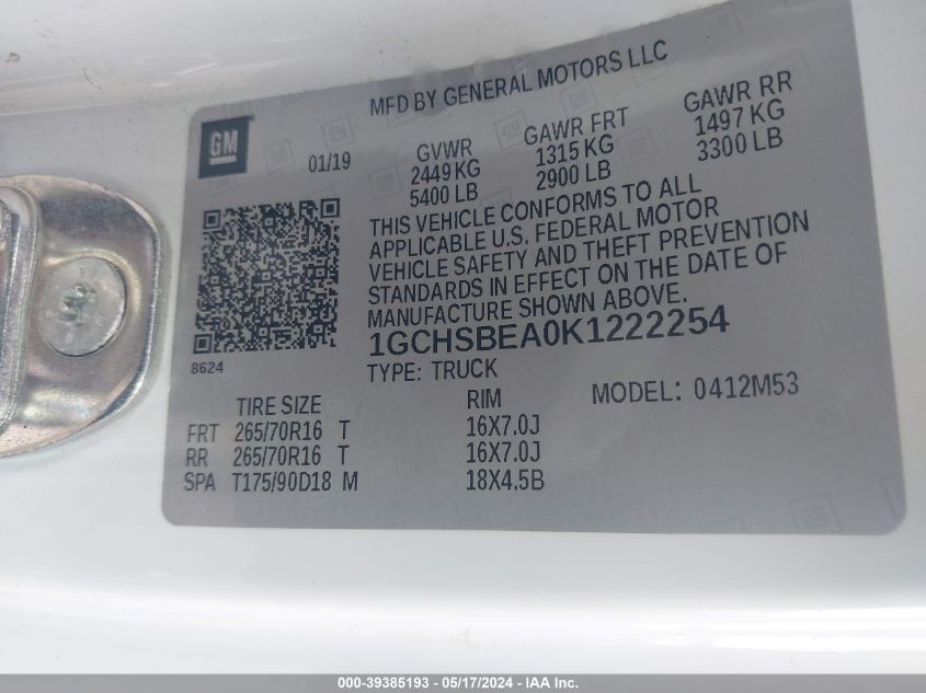 2019 Chevrolet Colorado Wt VIN: 1GCHSBEA0K1222254 Lot: 39385193