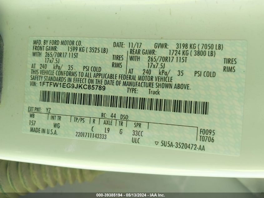 2018 Ford F-150 Xl VIN: 1FTFW1EG9JKC85789 Lot: 39385194