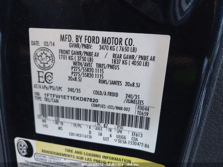 2014 FORD F-150 XLT - 1FTFW1ET1EKD87820