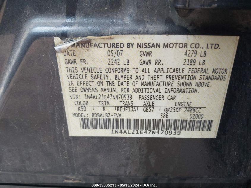 2007 Nissan Altima 2.5 S VIN: 1N4AL21E47N470939 Lot: 39385213