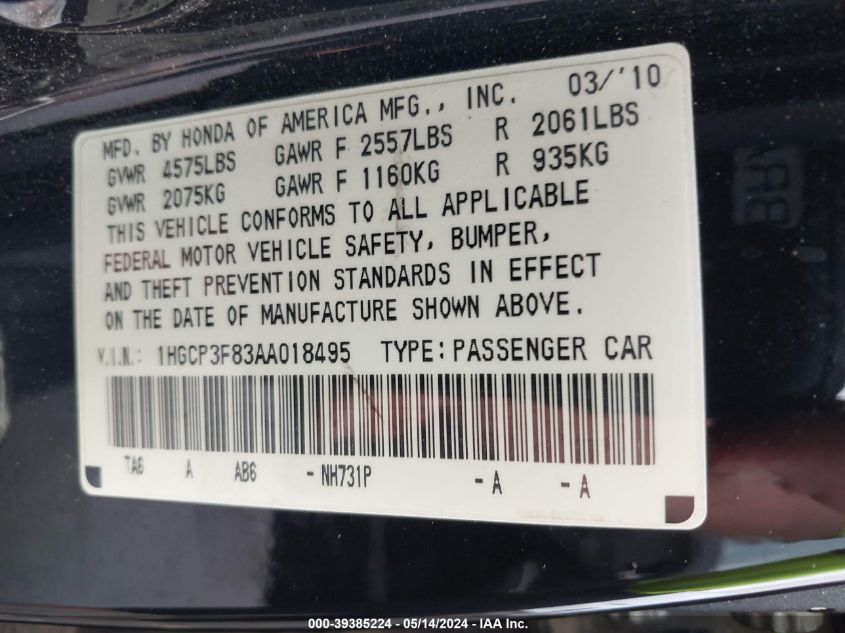 2010 Honda Accord 3.5 Ex-L VIN: 1HGCP3F83AA018495 Lot: 39385224