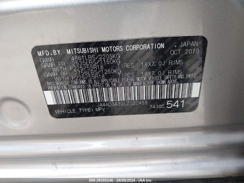 2020 Mitsubishi Outlander Le 2.4 VIN: JA4AD3A30LZ020455 Lot: 39385246