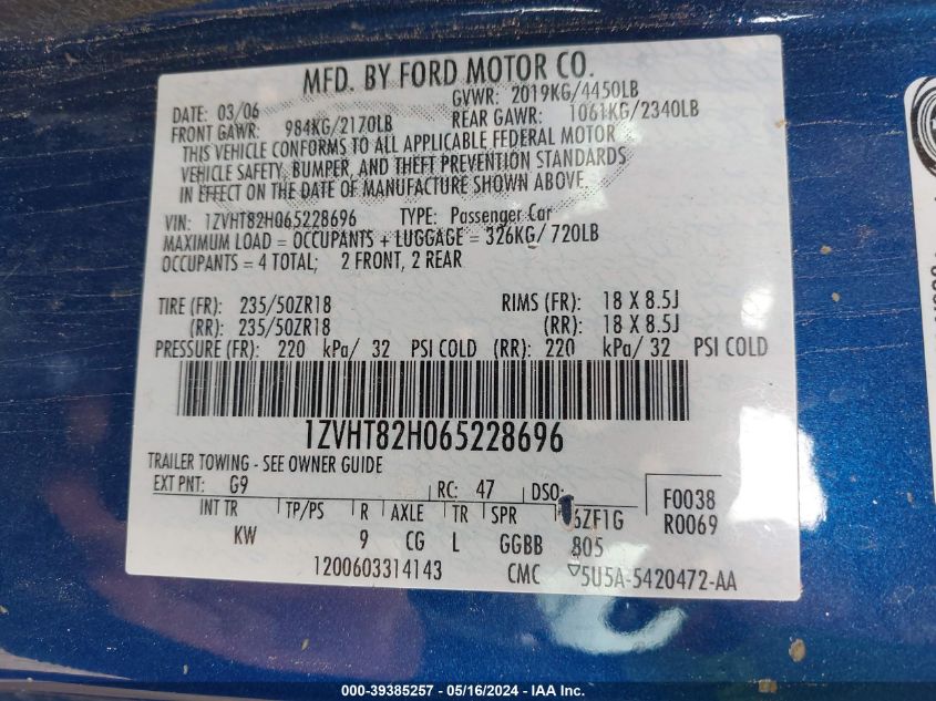 2006 Ford Mustang Gt VIN: 1ZVHT82H065228696 Lot: 39385257