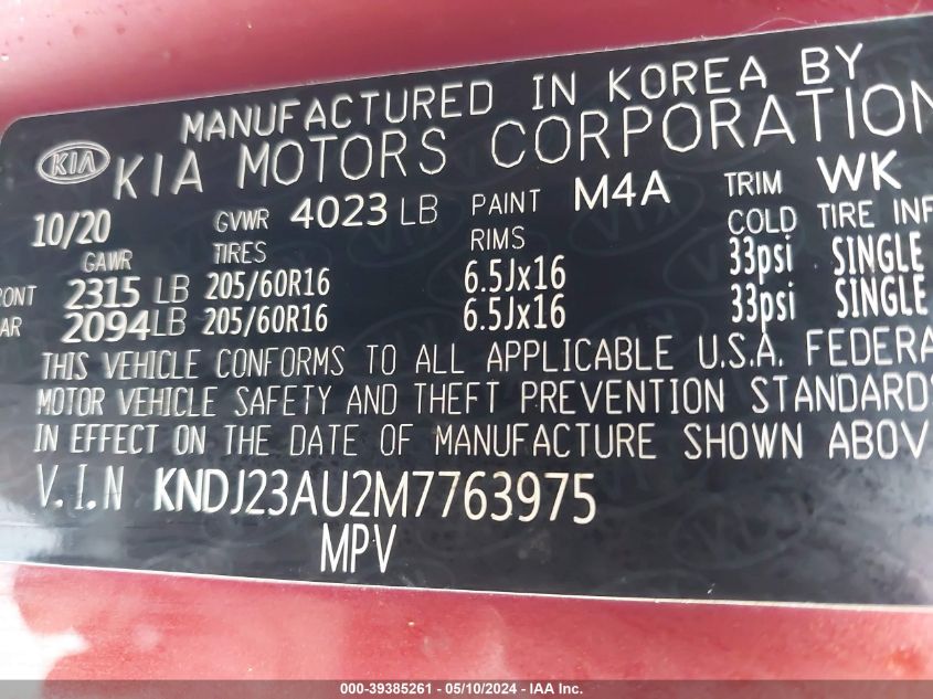 2021 Kia Soul S VIN: KNDJ23AU2M7763975 Lot: 39385261