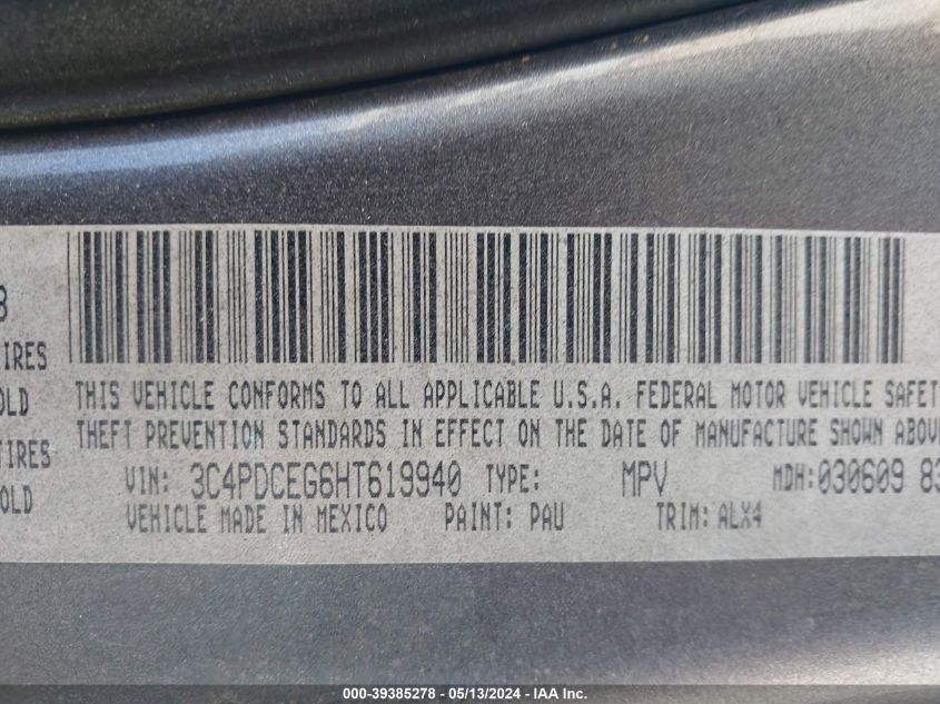 2017 Dodge Journey Gt VIN: 3C4PDCEG6HT619940 Lot: 39385278