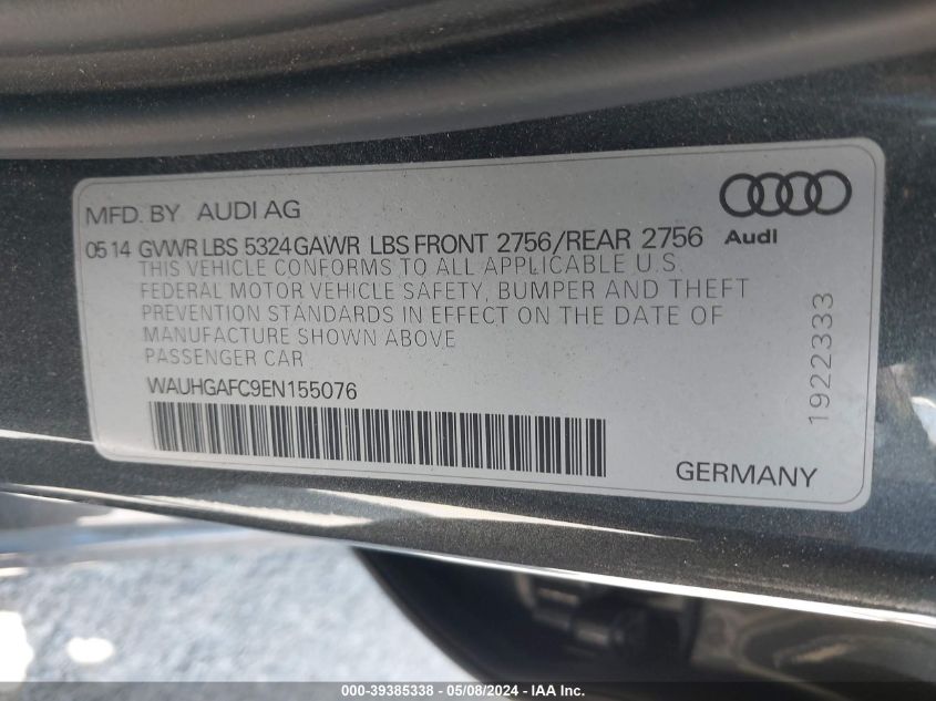 2014 Audi A6 3.0T Premium Plus VIN: WAUHGAFC9EN155076 Lot: 39385338