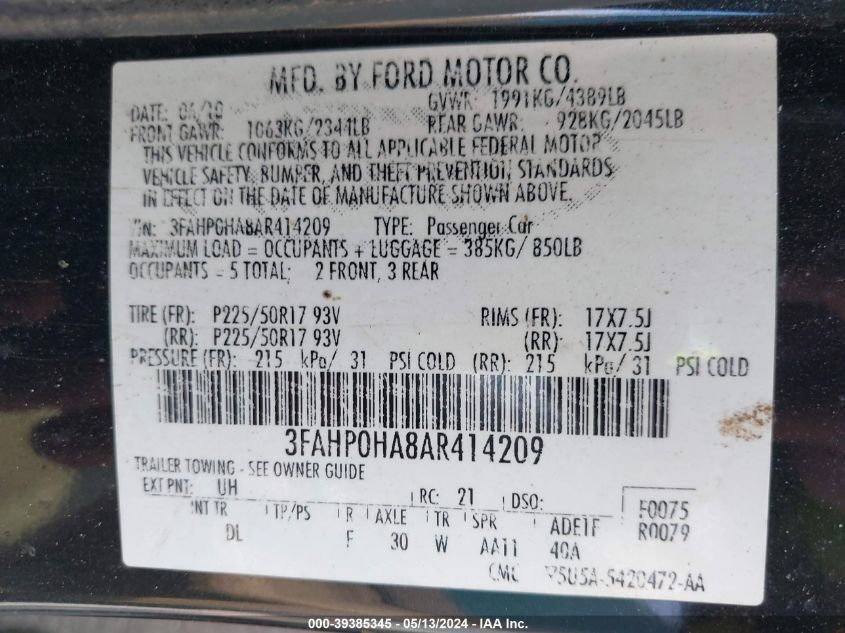 2010 Ford Fusion Se VIN: 3FAHP0HA8AR414209 Lot: 39385345