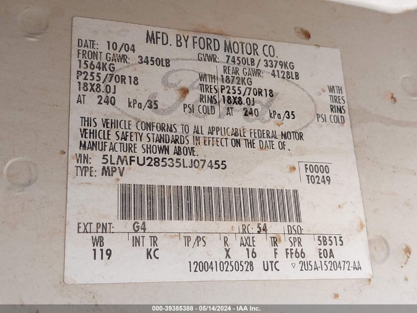 2005 Lincoln Navigator VIN: 5LMFU28535LJ07455 Lot: 39385388