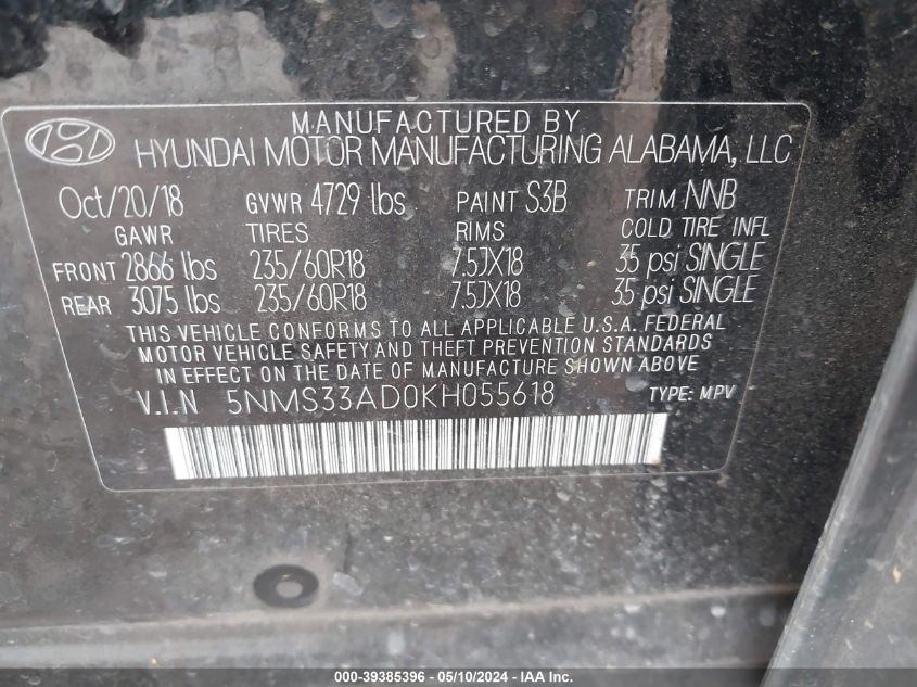 2019 Hyundai Santa Fe Sel Plus VIN: 5NMS33AD0KH055618 Lot: 39385396