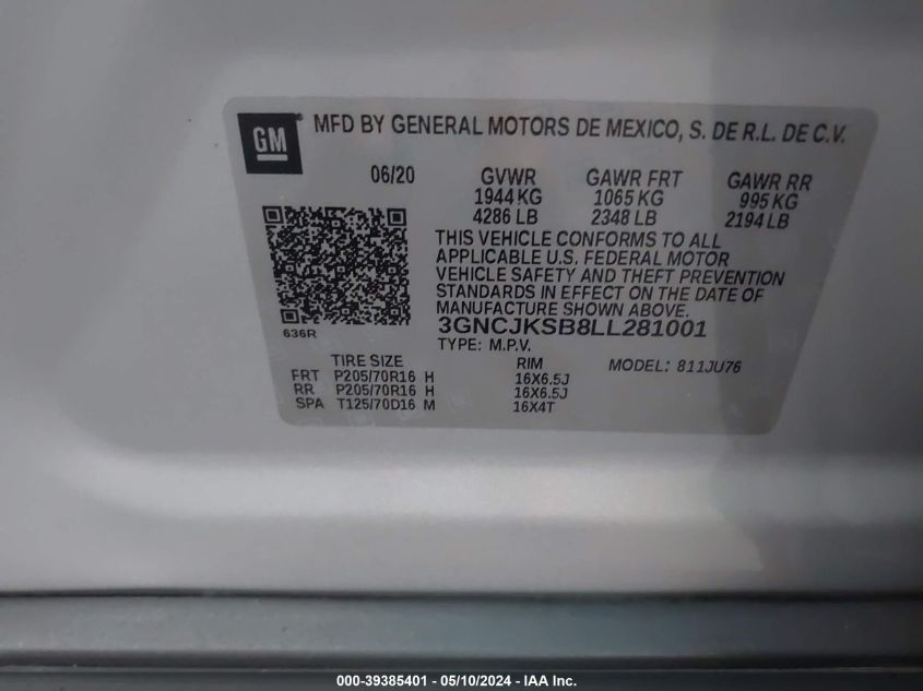 2020 Chevrolet Trax Fwd Ls VIN: 3GNCJKSB8LL281001 Lot: 39385401