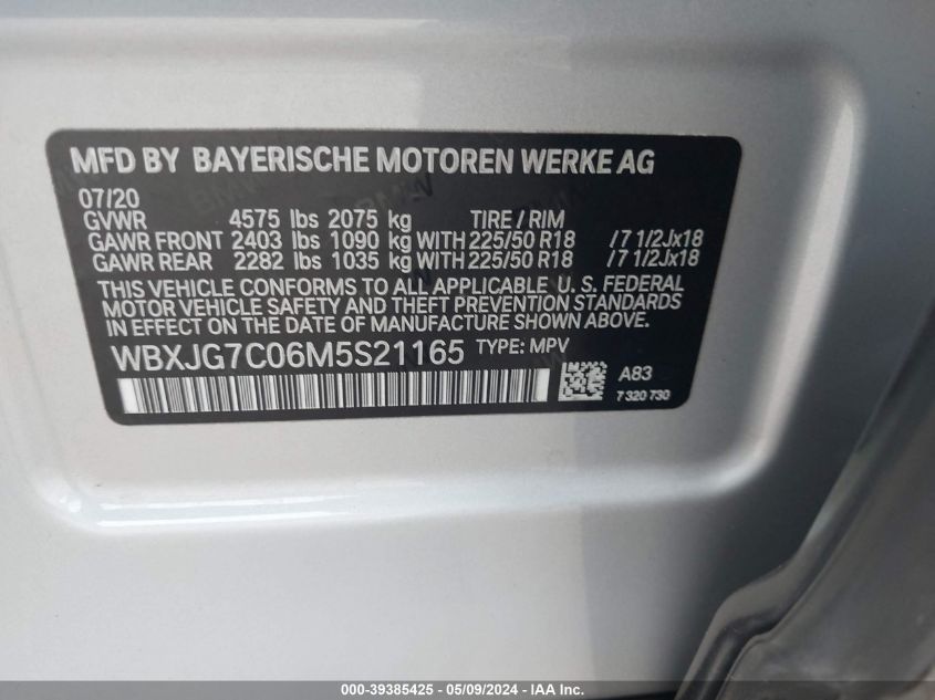 2021 BMW X1 Sdrive28I VIN: WBXJG7C06M5S21165 Lot: 39385425