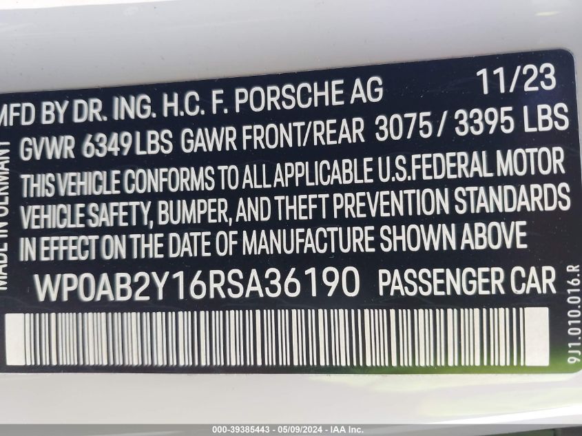 2024 Porsche Taycan 4S VIN: WP0AB2Y16RSA36190 Lot: 39385443