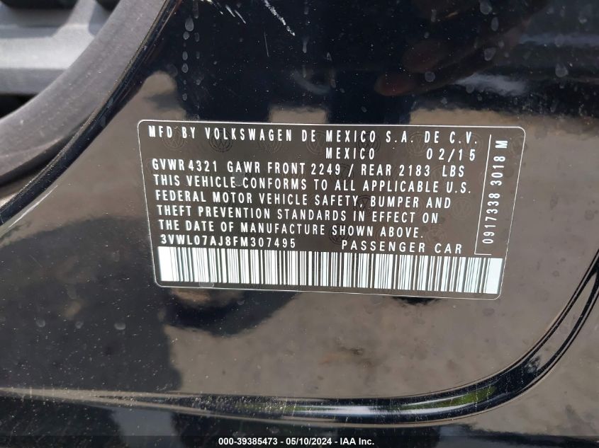 2015 Volkswagen Jetta 1.8T Sel VIN: 3VWL07AJ8FM307495 Lot: 39385473