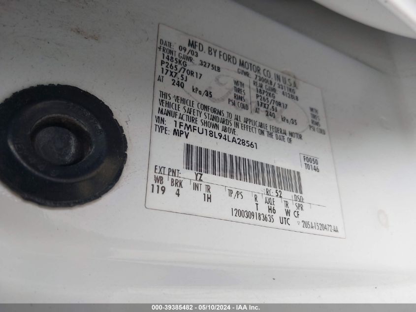 2004 Ford Expedition Eddie Bauer VIN: 1FMFU18L94LA28561 Lot: 39385482