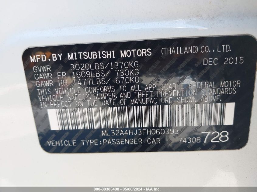 2015 Mitsubishi Mirage Rf VIN: ML32A4HJ3FH060393 Lot: 39385490