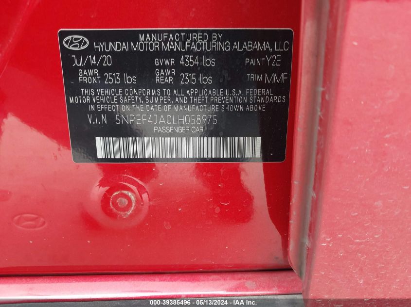 2020 Hyundai Sonata Sel VIN: 5NPEF4JA0LH058975 Lot: 39385496