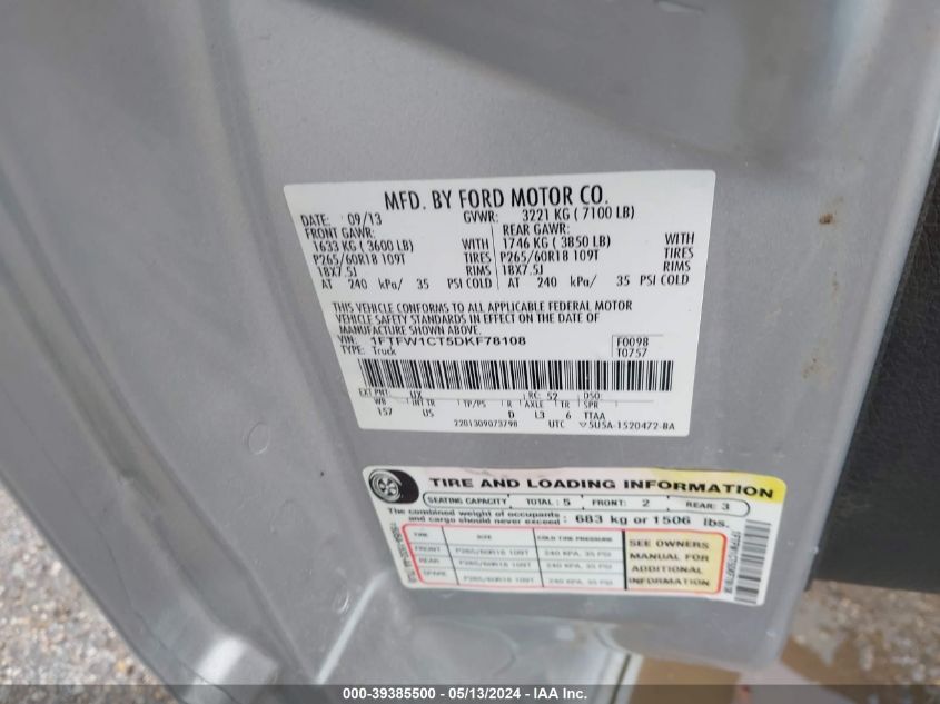 2013 Ford F-150 Xlt VIN: 1FTFW1CT5DKF78108 Lot: 39385500