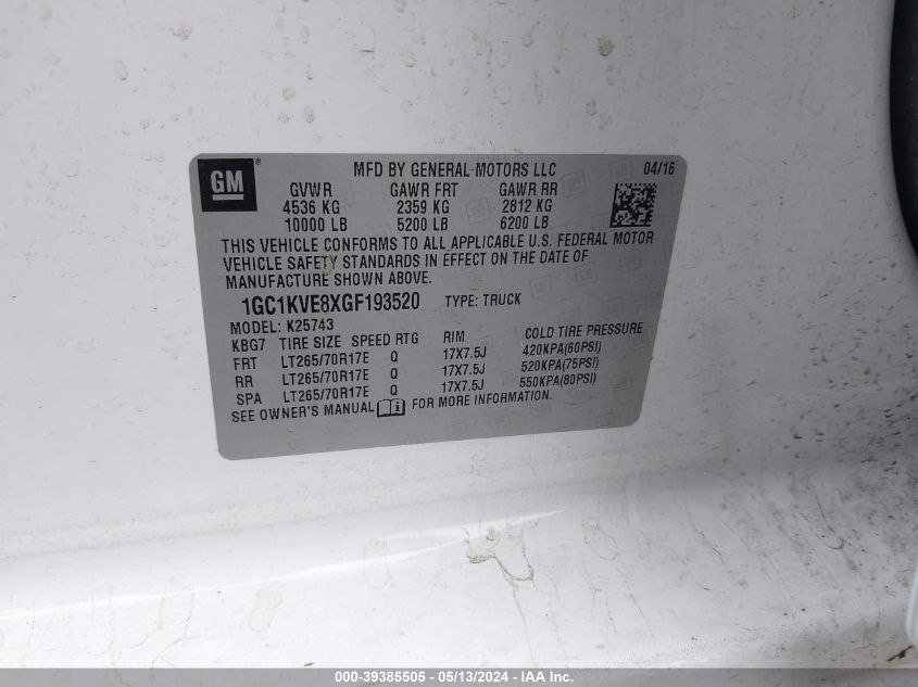 2016 Chevrolet Silverado 2500Hd Lt VIN: 1GC1KVE8XGF193520 Lot: 39385505