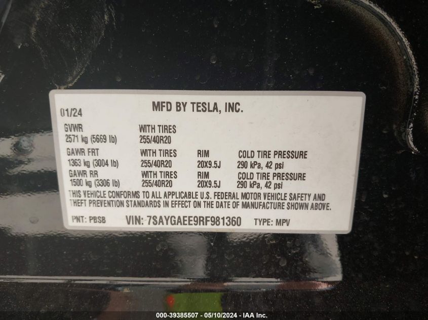 2024 Tesla Model Y Long Range Dual Motor All-Wheel Drive VIN: 7SAYGAEE9RF981360 Lot: 39385507