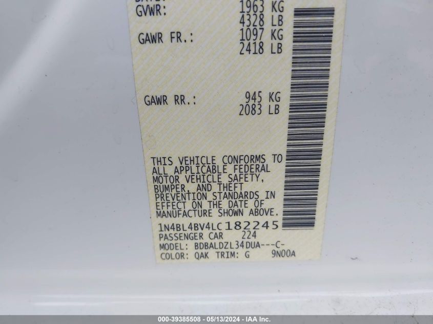 2020 Nissan Altima S Fwd VIN: 1N4BL4BV4LC182245 Lot: 39385508