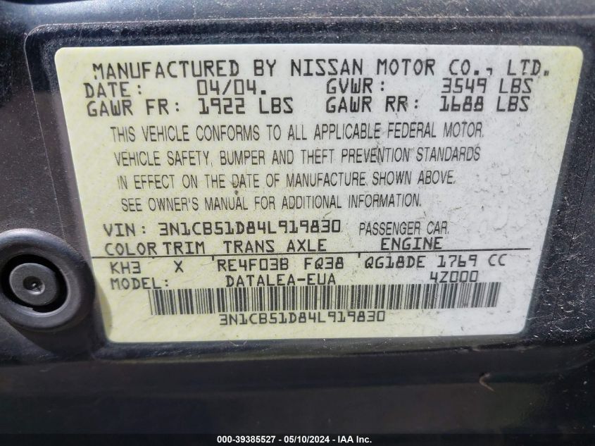 2004 Nissan Sentra 1.8S VIN: 3N1CB51D84L919830 Lot: 39385527