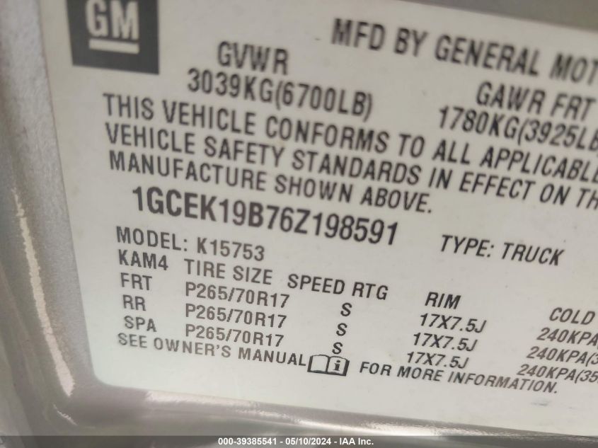 2006 Chevrolet Silverado 1500 Lt1 VIN: 1GCEK19B76Z198591 Lot: 39385541