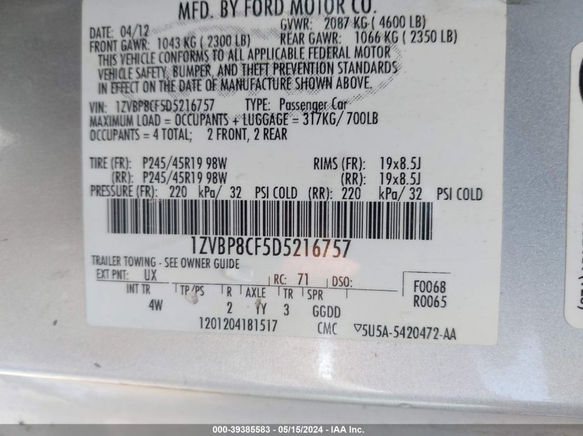 2013 Ford Mustang Gt Premium VIN: 1ZVBP8CF5D5216757 Lot: 39385583