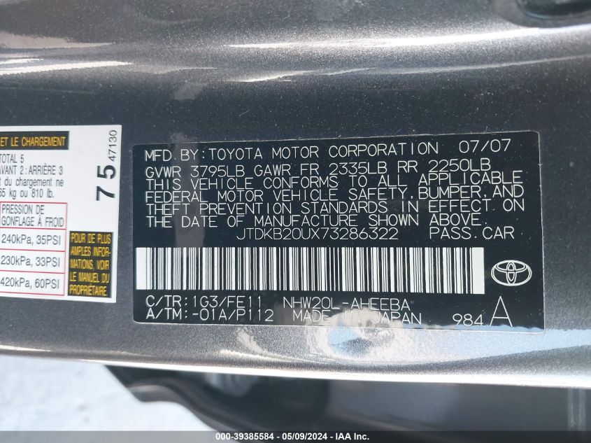 2007 Toyota Prius VIN: JTDKB20UX73286322 Lot: 39385584