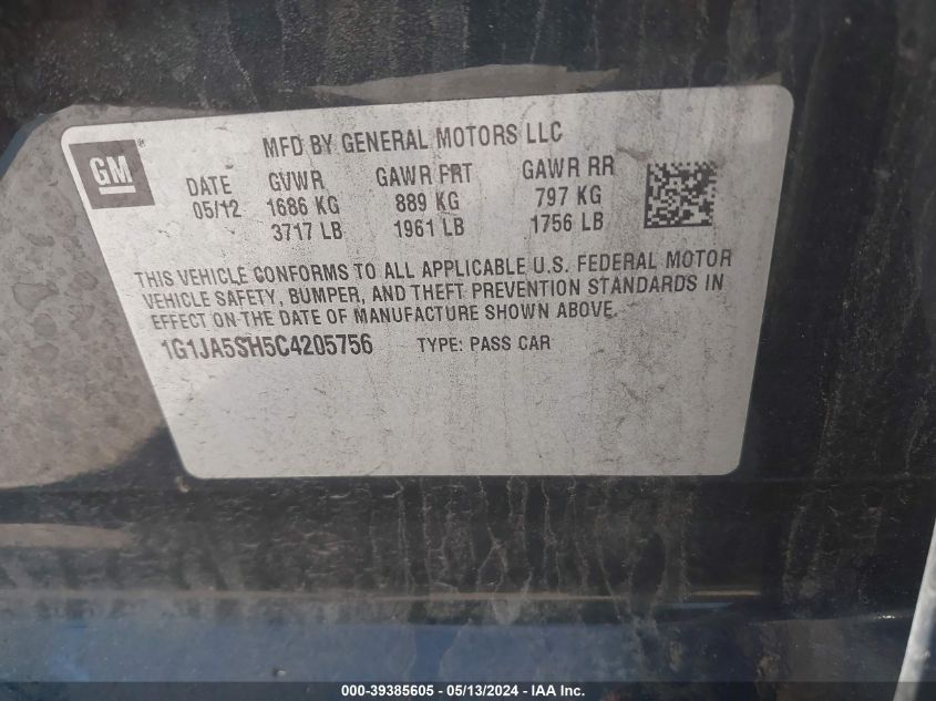 2012 Chevrolet Sonic 2Ls VIN: 1G1JA5SH5C4205756 Lot: 39385605