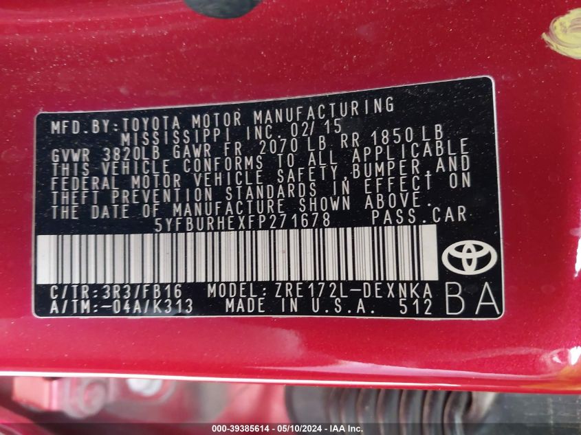 2015 Toyota Corolla Le VIN: 5YFBURHEXFP271678 Lot: 39385614