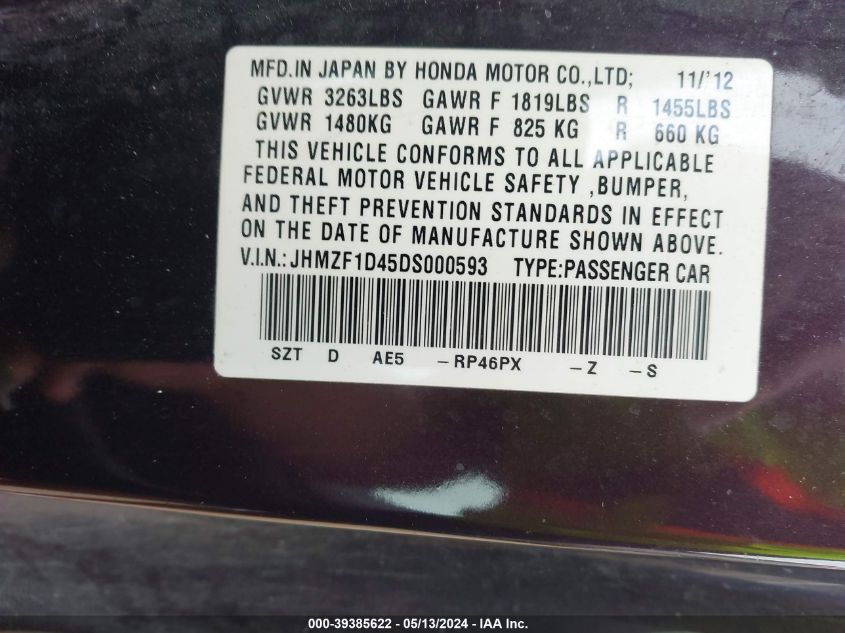 2013 Honda Cr-Z VIN: JHMZF1D45DS000593 Lot: 39385622