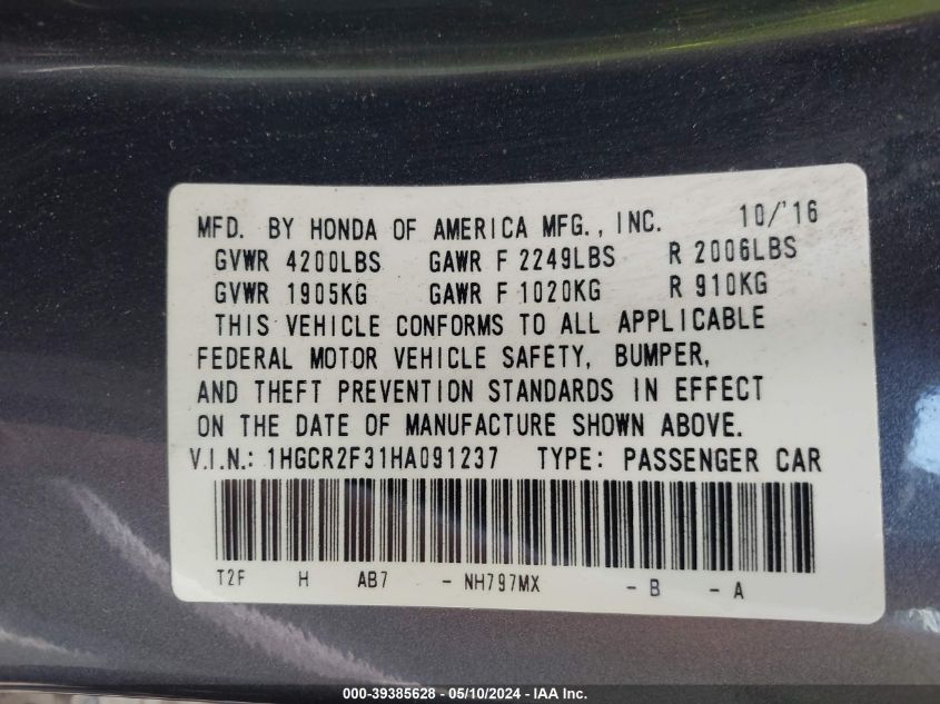 2017 Honda Accord Lx VIN: 1HGCR2F31HA091237 Lot: 39385628