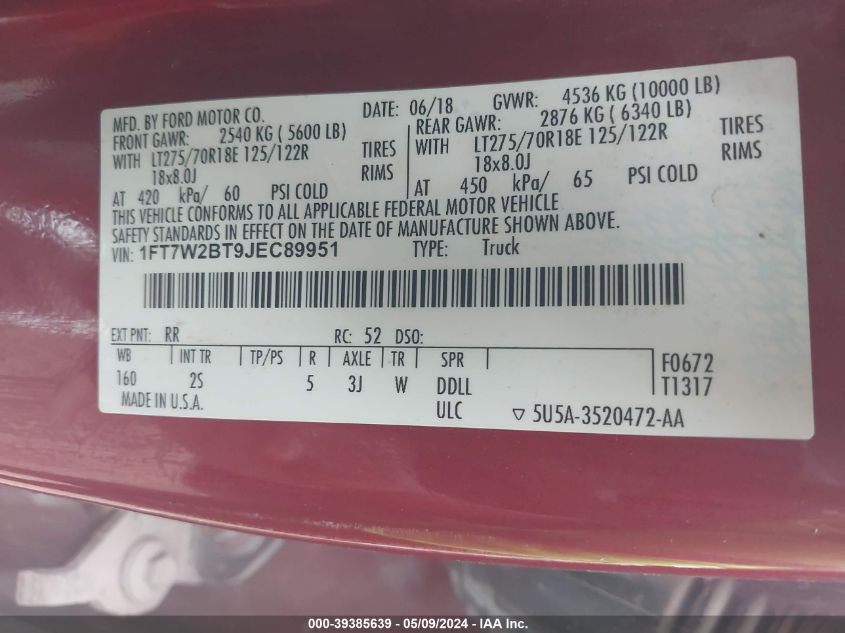 2018 Ford F-250 Xlt VIN: 1FT7W2BT9JEC89951 Lot: 39385639