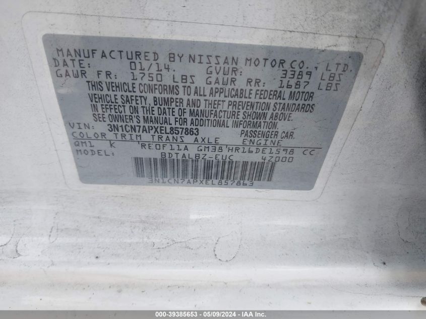 2014 NISSAN VERSA 1.6 SV - 3N1CN7APXEL857863