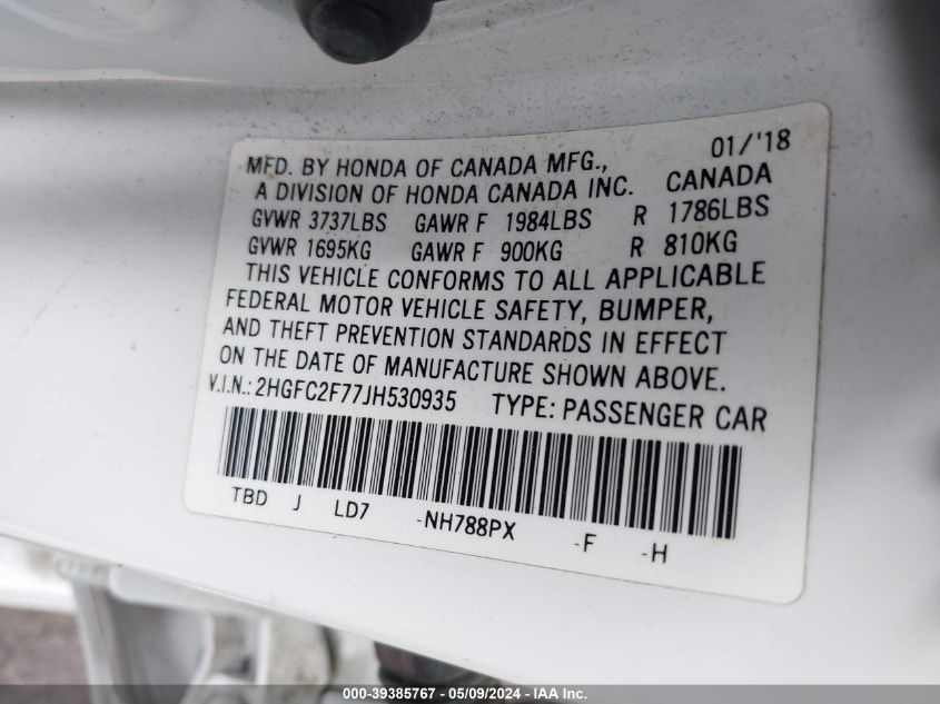 2018 Honda Civic Ex VIN: 2HGFC2F77JH530935 Lot: 39385767
