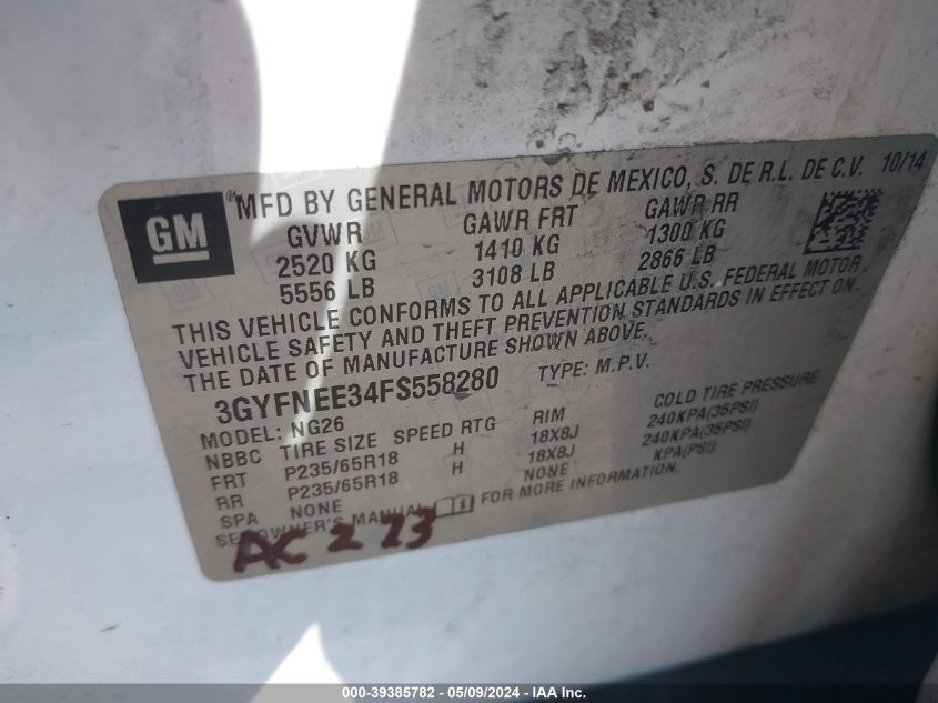 2015 Cadillac Srx Luxury Collection VIN: 3GYFNEE34FS558280 Lot: 39385782