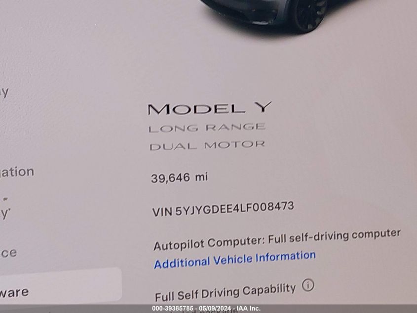 2020 Tesla Model Y Long Range Dual Motor All-Wheel Drive VIN: 5YJYGDEE4LF008473 Lot: 39385785