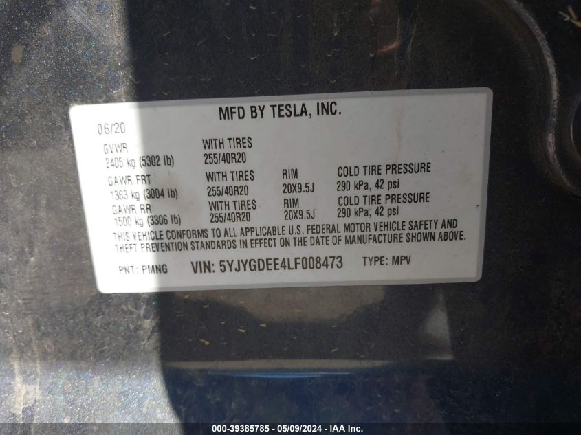 2020 Tesla Model Y Long Range Dual Motor All-Wheel Drive VIN: 5YJYGDEE4LF008473 Lot: 39385785