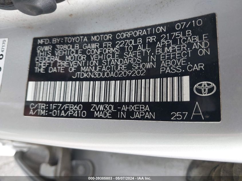 2010 Toyota Prius Ii VIN: JTDKN3DU0A0209202 Lot: 39385803