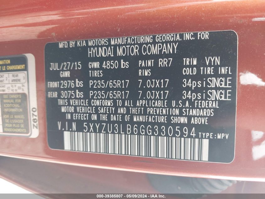 2016 Hyundai Santa Fe Sport 2.4L VIN: 5XYZU3LB6GG330594 Lot: 39385807