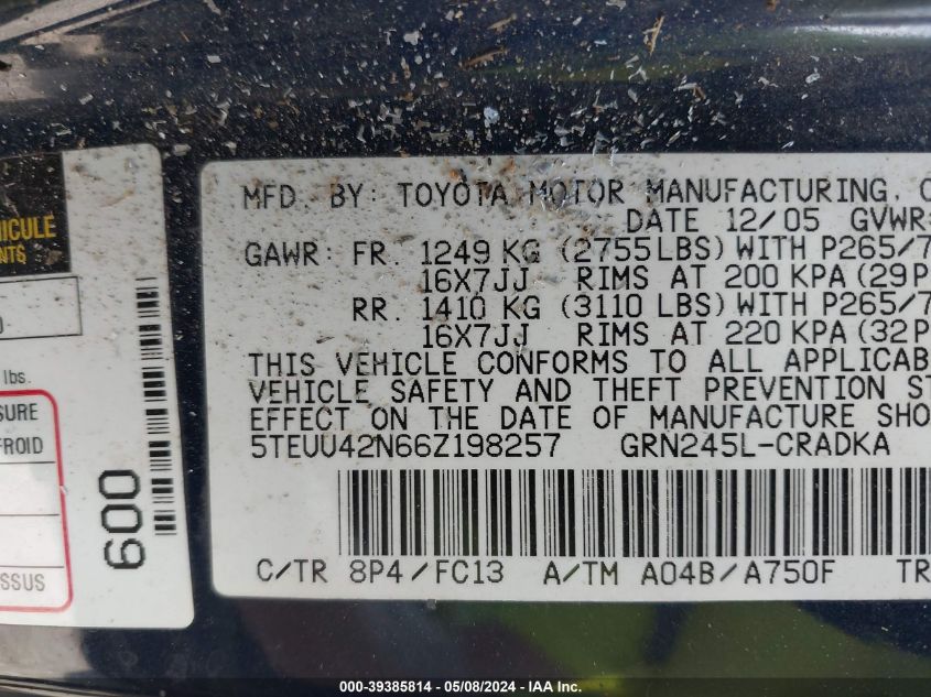 2006 Toyota Tacoma Base V6 VIN: 5TEUU42N66Z198257 Lot: 39385814