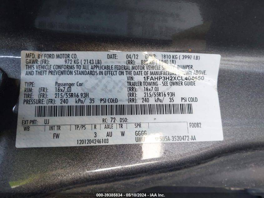 2012 Ford Focus Sel VIN: 1FAHP3H2XCL404650 Lot: 39385834