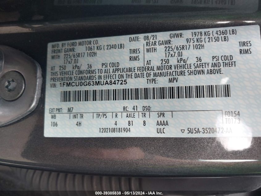 2021 Ford Escape Se VIN: 1FMCU0G63MUA84725 Lot: 39385838