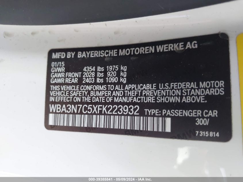 2015 BMW 428I VIN: WBA3N7C5XFK223932 Lot: 39385841