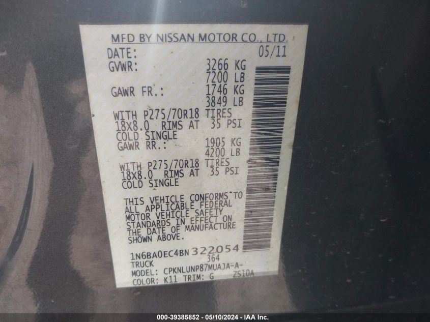 2011 Nissan Titan Pro-4X VIN: 1N6BA0EC4BN322054 Lot: 39385852