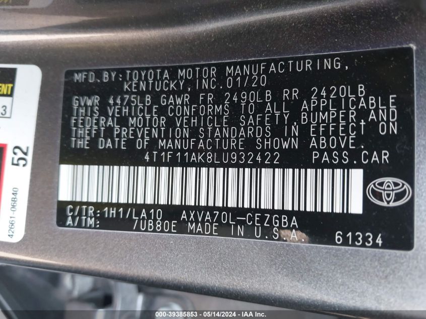2020 Toyota Camry Xle VIN: 4T1F11AK8LU932422 Lot: 39385853