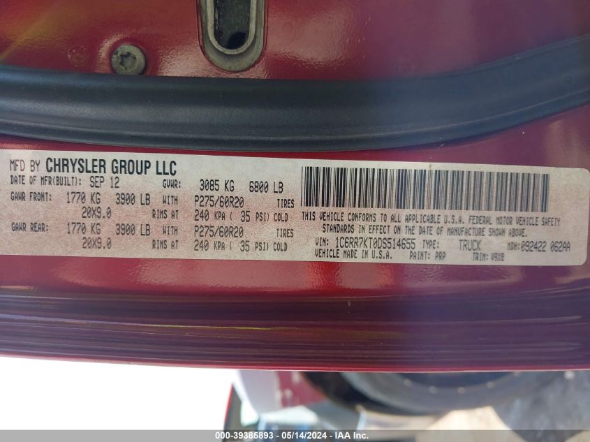 2013 Ram 1500 Express VIN: 1C6RR7KT0DS514655 Lot: 39385893