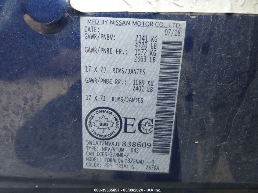 2018 Nissan Rogue S/Sl/Sv VIN: 5N1AT2MVXJC838609 Lot: 39385897
